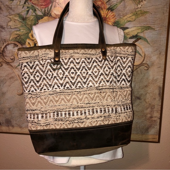 Myra Bag Boho Tribal Rug & Brown Leather Tote Bag - Picture 2 of 16